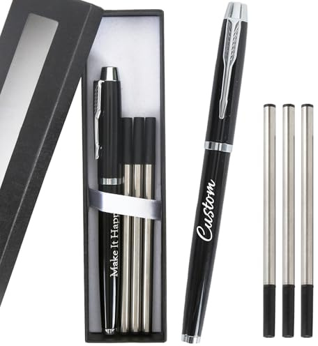 Metall Tintenroller Personalisierter Kugelschreiber mit Lasergravur Wort, Geschenkbox mit 3 Ersatzminen, sanftes Schreiben, 0,5 mm mittlere Spitze, personalisiertes Geschenke (222-Schwarz&Silber)