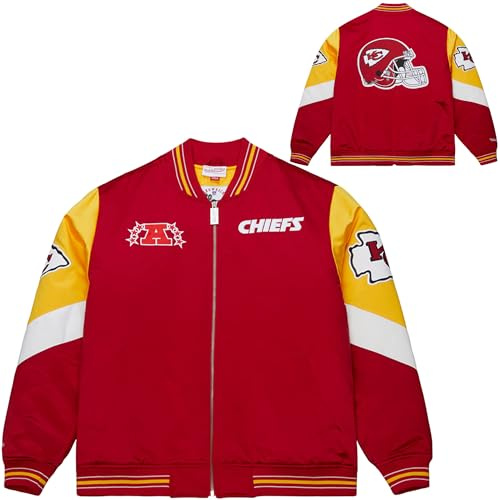 Mitchell & Ness Throw it Back Heavyweight Vintage Satin Jacke (NFL), durchgehender Reißverschluss, Gestickte Logos, Herren, Frauen, Kinder, Unisex, Frühling, Sommer, Herbst, Winter