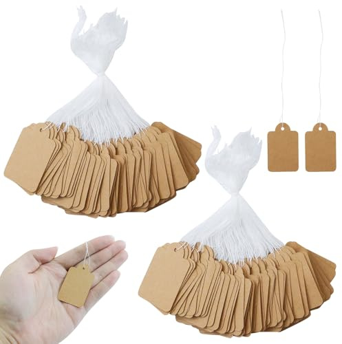 400 st Hängetiketter Kraftpapper 3 x 4,8 cm, Prislappar Presentetiketter med Tråd för Kläder Smycken Handgjorda Varumärken