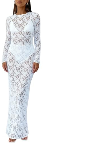 Women's Floral Lace Maxi Dress, Elegant Long Sleeve See Through Mesh Bodycon Evening Dress, Crew Neck Solid Floral Print Maxi Long Slip, Vintage Y2k Casual Dresses for Cocktail Clubwear Streetwear