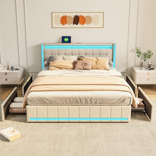 Dubbel stoppad säng 140 x 200 cm med 4 lådor, vadderad säng 140 x 200 cm med USB-port, ribbotten för dubbelsäng för vuxna och ungdomar (beige/B, 140 x 200 cm)