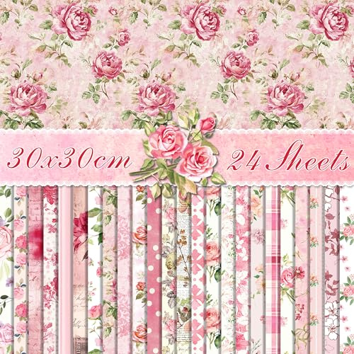 Scrapbook Papier 24 Blätt Rose Blumen Designpapier,12 Designs Doppelseitige Bastelpapier Dekorpapier für Frühling Scrapbook Craft Origami Papier Journal Motivpapier DIY Fotoalbum,30x30CM