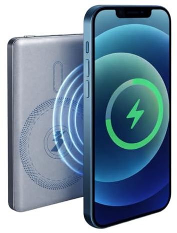 Grundig Powerbank Wireless 5000mAh - Power Bank 15W compatibile con ricarica wireless MagSafe - con connessione USB-C per caricare 2 dispositivi - 10,4 x 6,7 x 0,85 cm