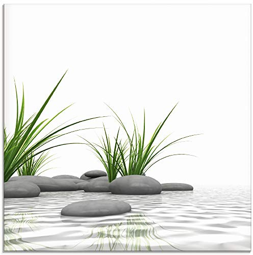 ARTland Wanddeko Glasbilder Wandbild Glas Bild einteilig Quadratisch Wellness Zen 3D Steine Entspannung Spa Gräser See Modern T6CD