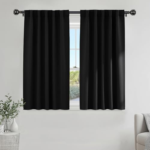 PONY DANCE Blackout Window Curtains - Insulating Against Drafts Drapes Noise Reducing Thermal Insulated Back Tab/Rod Pocket Draperies, 52 x 45-inch Long, Black, Double Panels