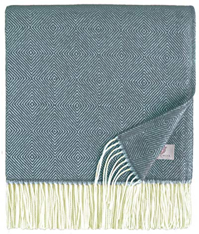 Linen & Cotton Classic Extra Soft Cosy Light Throw/Blanket Diamond - 100% Fine Merino Wool, Blue (140 x 200 cm) Warm Knee Plaid Lambswool for Sofa Bed Bedroom Couch Settee Bedspread Single