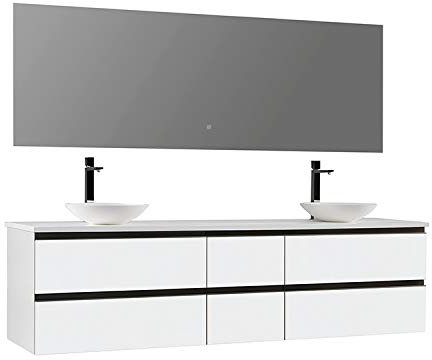 StoneArt Badmöbel-Set Mineralguss Waschbecken Waschschale Aufsatzwaschbecken und Unterschrank und LED Spiegel Touch-Sensor Waschtisch Monte Carlo MC-2000pro-4 weiß 200cm