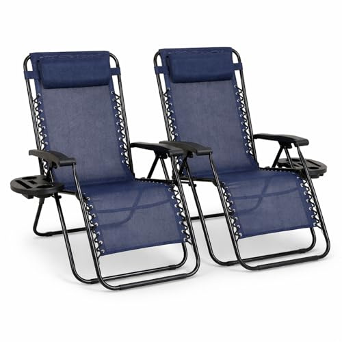 Straame Zero Gravity Chairs Set of 2,Folding Reclining Garden Chairs, Textilene Outdoor Chair, Lockable 170° Sun Loungers for Garden, Steel Frame, 150 kg Max Load(Classic, Navy)