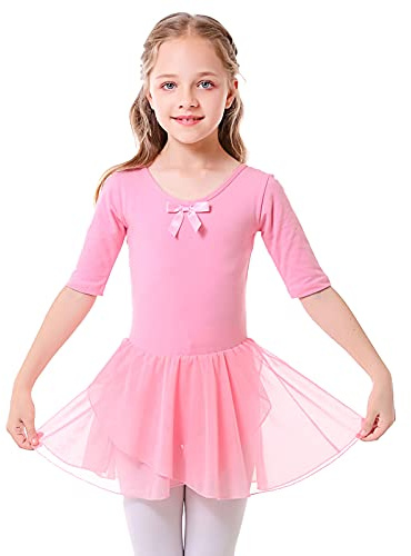 Bezioner Filles Robe de Danse Justaucorps de Ballet Enfants Manches 1/2 Vêtements Gymnastique avec Jupe Tutu