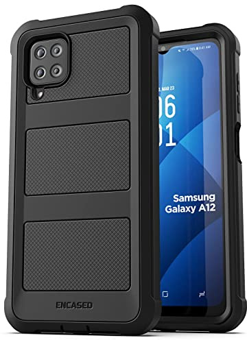 Encased FalconShield for Samsung A12 Phone Case with Screen Protector, Shockproof Protective Full Body Case for Galaxy A12 (Black)