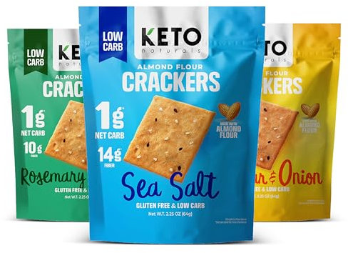Keto Crackers (Sea Salt, Rosemary & Garlic, Cheddar & Onion) Variety pack, low carb crackers, Keto Snacks, low carb snack, high fibre & gluten free (3 x 64g Packs). Keto snacks no carbs no sugar