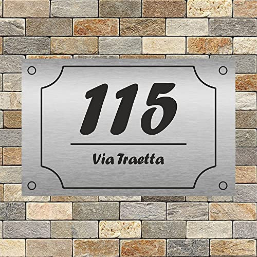 StickerLab - Numero Civico Personalizzato per Esterno, Made in Italy - Disponibile su Varie Misure e Colori - Fondo in Acciaio Spazzolato ed Inciso in Nero - Spessore HD in Laminato Plastico da 3,2mm