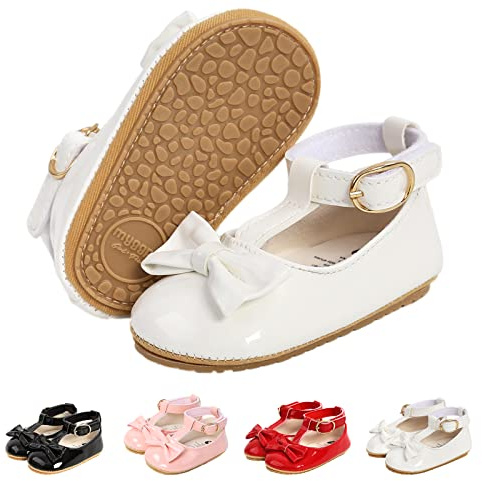 Baby Girls First Walking Shoes Mary Jane PU Leather Anti-Slip Princess Shoes Infant Baby Shoes 12-18 Months,G White