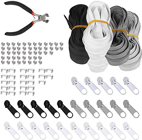 KBNIAN 5 Stück Endlosreissverschluss 2.5 Meter Nylon Reißverschluss Endlos mit 100 Stück Zipper Reparatur Set und Zangen für Kleidung, Rucksack, Heimtextilien -weiß/schwarz/dunkelgrau/hellgrau