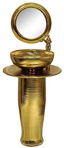 ZTGL Moderner Sockel-Badezimmer 40x40x82 cm Rund Waschbecken aus Keramik, Waschtisch, Design Standwaschbecken Gold Waschbecken Freistehend Waschbecken für Gäste Wc,with Mirror