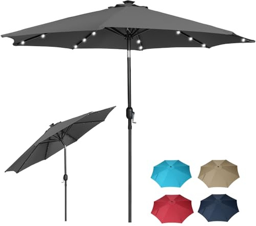 Panana 2.7m Garden Parasol with 24 Solar LED Lights, Tilting Patio Umbrella with Crank Handle, UV Protection Sun Shade Market Parasol for Garden, Deck, Pool & Terrace (Dark Grey)