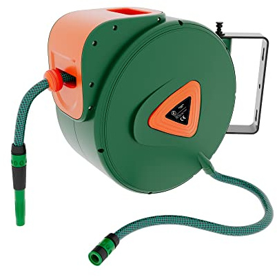Avvolgitubo Da Giardino Per Acqua Con Tubo In PVC Attacco 1/2 Fissaggio Parete Muro Sistema Blocco Automatico Riavvolgitore Auto Stop Accessorio Esterno Salvaspazio Pressione 24 Bar (30 + 2 M) Verde