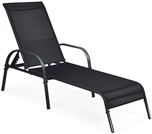 KOMFOTTEU Sonnenliege mit 5-Fach Verstellbarer Rückenlehne & Armlehnen, Gartenliege aus Textilene-Gewebe, Relaxliege bis 150 kg belastbar für Strand Garten Terrasse, Schwarz