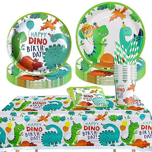Riisoyu 61 Stück Dinosaurier Party Geschirr Set, Deko Geburtstag Set Mit Pappteller, Becher, Servietten, Tischdecke für Kindergeburtstag, Serviert 10 Gäste