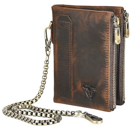 Handadsume Cartera de Piel auténtica Crazy Horse para Regalo de Viaje, Monedero, Tarjetero, Organizador Largo, Cadena RFID,Billetera abrochada, para Hombres 1803 (W - 1802 - marrón)