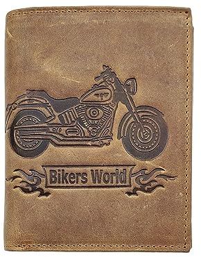 LOLUNA® Portefeuille Motif imprimé Cuir Vintage, RFID Blocage, 3 Volets avec Pression, Carte, permis, identité et Monnaie - Idée Cadeau (Marron Moto)
