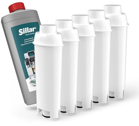 Sillar 5 Pack Water Filter for Delonghi Coffee Machines DLSC002, SER3017 & 5513292811 - Compatible with ECAM, Esam, ETAM Series | Fits Dinamica, PimaDonna + Universal Descaler 1L