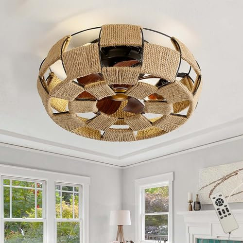 Retro Ceiling Fans with Lights E27, Reversible Silent Smart Light Fan Ceiling Remote Control 6 Speed Fans with Lights Timer DC Bedroom 7 Blade for Kitchen, Lounge