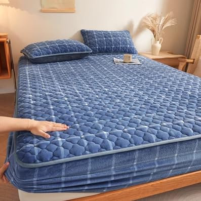 FCLDESHOP Gummizug in vielen Farben Spannbetttuch,Einfarbige, Gesteppte, verdickte Laken für den Winter, warme, Kurze, rutschfeste Plüsch-Flanell-Bettwäsche, blau, 150 x 200 cm (1 Stück)