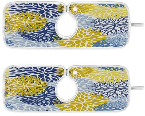 Quteprint 2 Stück Küchenarmaturmatte, blau-gelbe Blume, Chrysantheme, saugfähig, Spritzschutz, Küchenspüle, Matte, Schutz, 37,8 x 14 cm, waschbar, Wasserhahn-Tropffänger, Abtropfmatte für Küche,