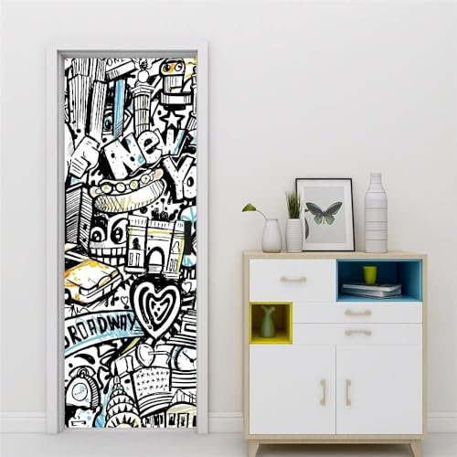 3D Türaufkleber Selbstklebend Türtapete Schwarz-Weiß-Graffiti 95 X 215 Cm Türposter Pvc Abnehmbar Wasserdichtes Wohnzimmer Küche Kinderzimmer Schlafzimmer Büro Wandaufkleber Fototapete - T -9X3M3H7M9E