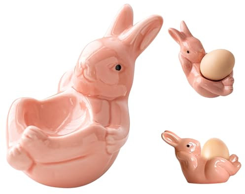 Huevera de Pascua, hueveras de Pascua, conejo, hueveras de Pascua, de cerámica, divertido, porcelana, cerámica, conejito de Pascua, soporte para huevos, divertido para decoración de Pascua (rosa)