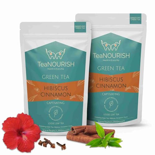 TeaNOURISH Hibiscus Cinnamon Green Tea | Darjeeling Loose Leaf | 100% Natural Hibiscus Flower, Cinnamon & Clove | Delicious & Refreshing - 3.53oz/100g (Pack of 2)