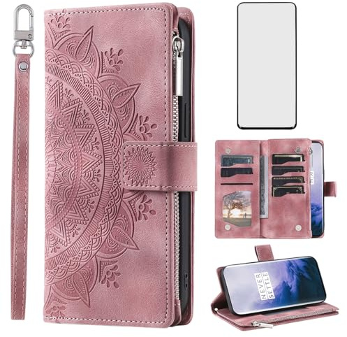 Asuwish Funda de teléfono para OnePlus 7 Pro con protector de pantalla y flor de mandala de piel con cremallera, tarjetero para celular OnePlus7Pro 5G One Plus 1+7 1Plus OnePlus7 7Pro One+ 1 + Seve,