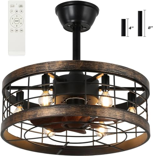 VUDANZYER Caged Ceiling Fan With Lights Remote Control, 18.5 Black Industrial Fan, 6 Speeds Reversible Motor for Porch, Kitchen, Patios, Bedroom