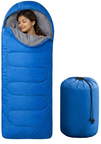 Rynli 3 Season Camping Sleeping Bag for Adults, Lightweight Rectangular Envelope Design, Portable Outdoor Gear for Hiking, Backpacking and Festivals, Blue