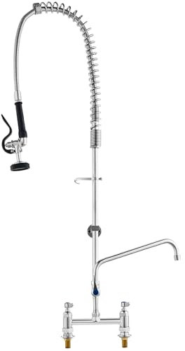 VEVOR Commercial Faucet with Pre-Rinse Sprayer, 44 Height, 8 Center, 12 Swing Spout, Deck Mount Kitchen Sink Faucet, Brass Constructed Device with Pull Down Spray, for 1/2/3 Compartment Sink