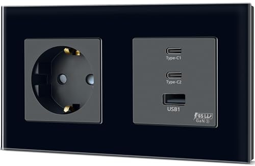 TAWOIA Schuko Steckdose mit 65W Type C und USB Schnellladeschnittstelle für Mobiltelefone, Tablets und Laptops, EU-Standard 1 Fach steckdose unterputz mit Usb C Schwarz 86 * 157mm
