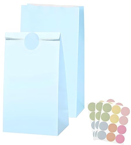 30 Stück Papiertüten Klein,Bunte Geschenktüten mit 30 Aufkleber Stickern,24x13x8cm Hellblau Papier Candy Tüten Geschenktüten Kinder Papiertüten Kindergeburtstag Hochzeit, Party,Geschenke,süßigkeiten