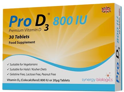 Pro D3 800 IU Tablets | Premium Vitamin D3 | 30 Tablets | Gelatine Free, Lactose Free, Dairy Free, Nut Free | Suitable for Vegetarians, Halal & Kosher Diets | Made in The UK