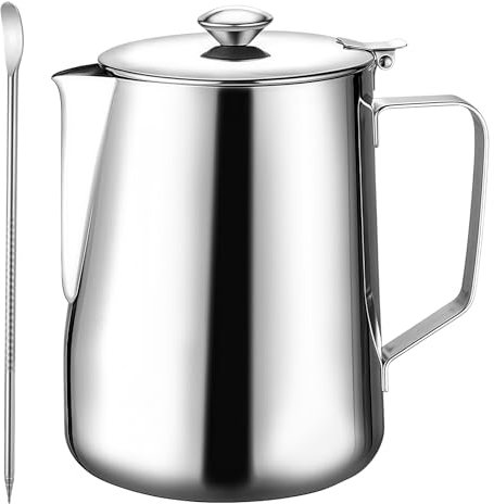 Sporgo Brocca per latte da 350 ml con coperchio: caraffa per latte in acciaio inox 12 oz palmare, schiumalatte per caffè, latte e caffè