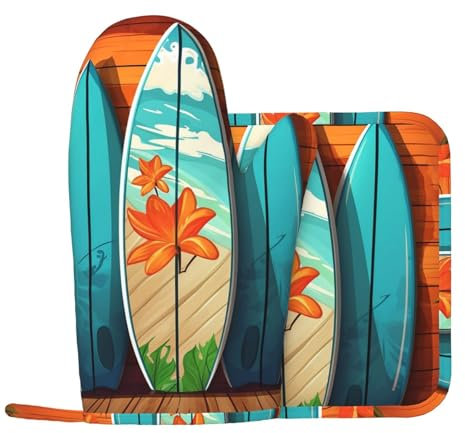 Lot de 2 gants de cuisine et maniques en bois pour planche de surf et maniques en silicone résistants à la chaleur - Antidérapants - Longs gants de cuisine extra épais pour la cuisine