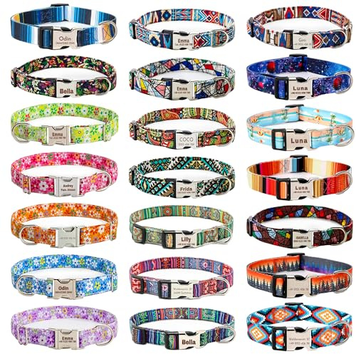 Personalisiertes Hundehalsband mit Namen und Telefonnummer, Einstellbare Halsband mit Muster, Blumenmuster Hundehalsbänder für kleine, mittelgroße und große Hunde