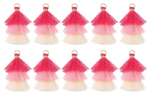 QUARKZMAN 10 Stück Winzige Dreischichtige Quasten 1,6 Mini Taschenanhänger Böhmische Handgefertigte Quasten Schlüsselanhänger für DIY Projekte Schmuckherstellung (Rosa Rot/Rosa/Beige)