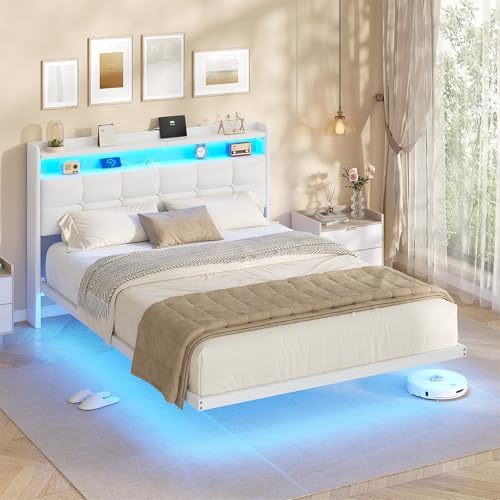 AOGLLATI Polsterbett 140x200 cm, Doppelbettgestell, Bettrahmen mit LED-Beleuchtung und Ladestation, Bettgestell mit Kopfteil, Bett Schwebebettrahmen, Metallbett, Pu, Modern, Weiß (ohne Matratze)
