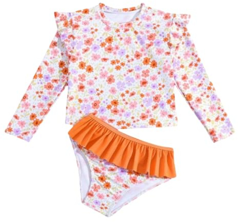 Traje de baño de niña de 2 piezas tankini manga larga con parte inferior de bikini niño erupción protector conjunto natación playa, naranja, 1-2 Años