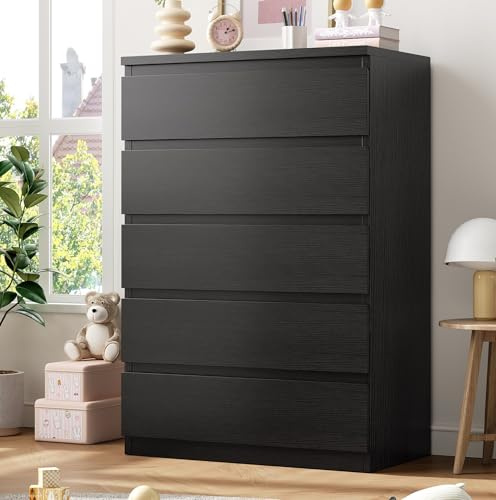 Jocoevol Black 5 Drawer Dresser for Bedroom, 15 D x 23.7 W x 40.4 H in Simply Chest of Drawers, Wood Storage Dresser with Drawers for Living Room Hallway Entryway, Black