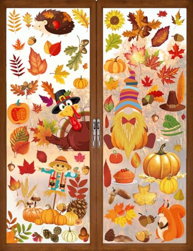 Wohohoho 10 hojas de decoración otoñal para ventana, 134 calcomanías grandes para ventanas, decoraciones de otoño de doble cara. Hojas de arce, calabaza, nueces, calcomanías para ventana, decoraciones