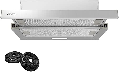 CIARRA A++ Flachschirmhaube Dunstabzugshaube 60 cm Umluft 370 m³/h mit CBCF002X2 Aktivkohlefilter Integrierte Einbau Flach Abluft Abzugshaube 2 Stufen Silber