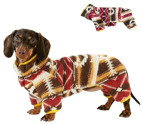 Dackel-Hunde-Rollkragenpullover, Einteiler im Boho-Stil, weicher Fleece-Ganzkörper-Overall, warmes Winteroutfit für Dackel und Mini-Dackel (Gelb, Größe L (6,8–8,6 kg))