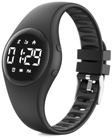 Konewos Kids Simple Digital Fitness Tracker Watch, Step Counter, Waterproof Wristwatch, with Pedometer Alarm Clock Calendar for Children Boy Girl Students (Black)